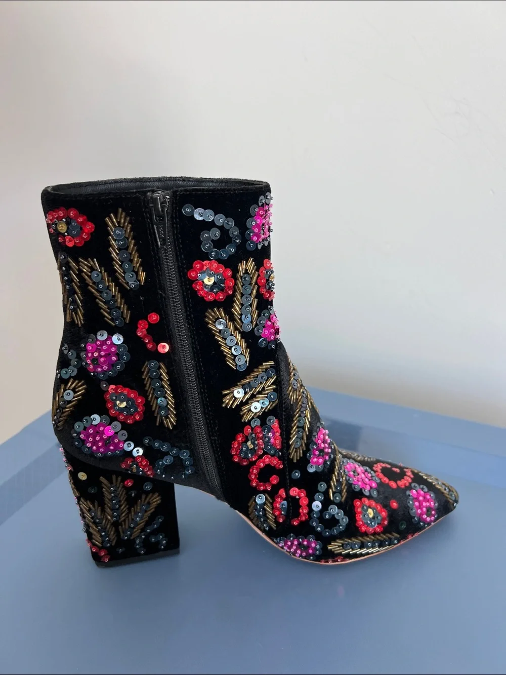 Loeffler Randall isla black velvet multicolored sequins heeled pointed toe boots - Picture 10 of 13